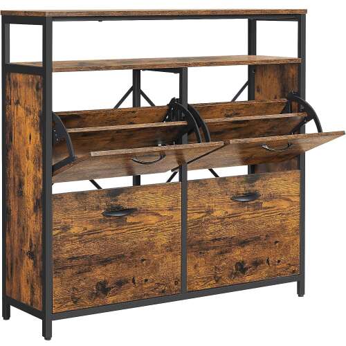 VASAGLE shoe cabinet with 4 doors, rustic brown and black, 12-20 pairs
