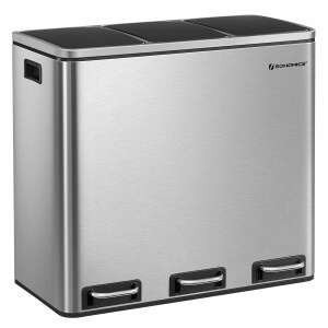 SONGMICS stainless steel trash can with 3 compartments, silver and black - SONGMICS