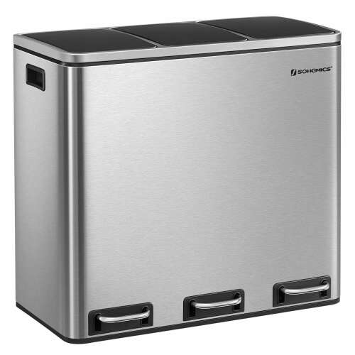 SONGMICS stainless steel trash can with 3 compartments, silver and black
