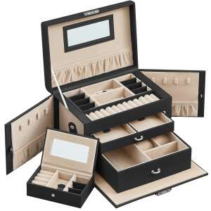 Cutie de bijuterii Songmics cu 3 niveluri și oglindă, neagră, 18 x 26 x 17 cm - SONGMICS Cutii bijuterii