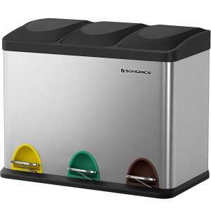 SONGMICS stainless steel trash can with 3 compartments for recycling, silver and black - Furniture