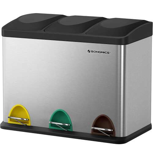 SONGMICS stainless steel trash can with 3 compartments for recycling, silver and black
