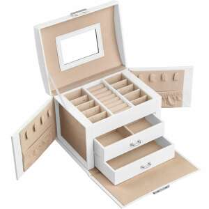 SONGMICS 3-tier jewelry box with mirror, lock, handle, 2 drawers, white - SONGMICS