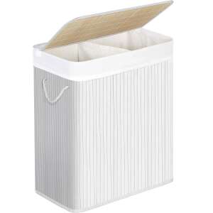 SONGMICS bamboo laundry hamper with lid, white, 2 compartments - SONGMICS
