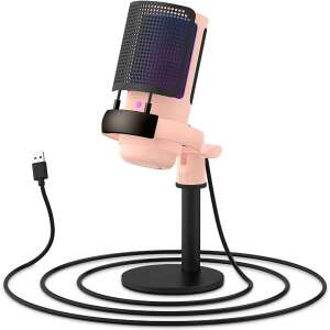 AxaCube® kondenzátormikrofon játékhoz, felvételekhez, streaminghez, youtube, zoom, háttérzajcsökkentés, némítási funkció, kardioid, RGB fény, pop szűrő, kompatibilis Windows, MacOS, PS4, PS5, USB csatlakozás, rózsaszín