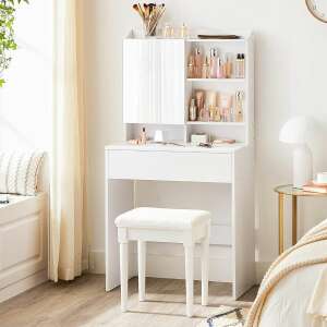VASAGLE Dressing Table 70 x 40 x 136 cm, with Mirror, Storage Cabinet and Drawer, Shelves, Modern Style, White RDT118W01