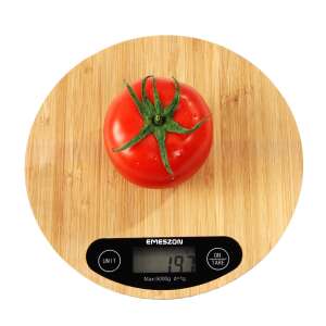 Emeszon® digital kitchen scale with a tomato on it, weighing 197 grams - Kitchen Scale