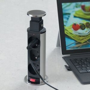 Auftisch-Einbau-Steckdose, 3 Schuko-Steckdosen, 1,5m Kabel, schwarz+silber, GTV