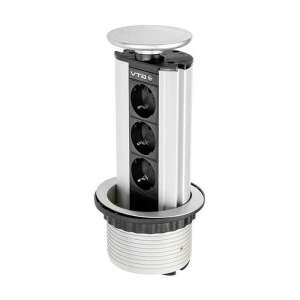 Okrúhla zapustená zásuvka, 3 schuko zásuvky, 1,8 m kábel, čierna + hliník, GTV 93459337 - Rozbočovače