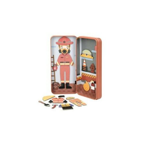 MierEdu Mágneses Tűzoltó Puzzle játék nyitva, tűzoltó ruhadarabokat mutatva