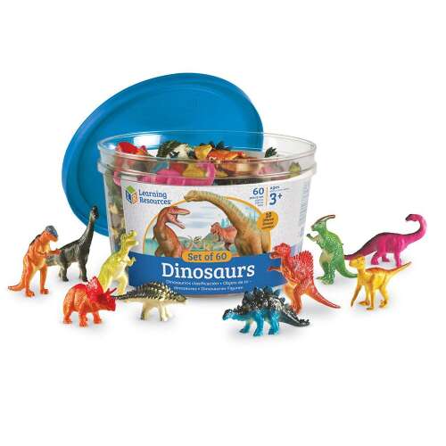 Learning Resources Set of 60 Dinosaurs, 60 colorful plastic dinosaur figurines in a clear container with a blue lid, great for imaginative play, learning about dinosaurs, and counting