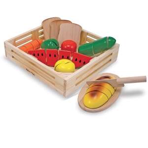 Set de mâncare din lemn Melissa & Doug pentru tăiat, 31 de piese, include cuțit și tăietură, mâncare de joacă pentru copii - Joacă alimente