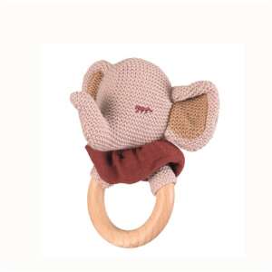 Egmont Toys Rosalie Elephant Teething Ring, a soft knitted elephant with a wooden ring for babies to chew on - Rattle