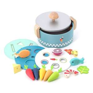 Vilac Wooden Food Sorting Pot Toy with lid, includes vegetables, fish, chicken, and cheese pieces - Shape Sorting Toy