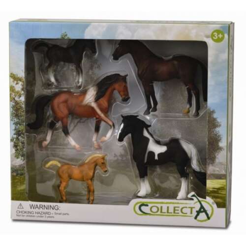 Collecta 5-piece horse figurine set, includes a brown horse, a black and white horse, a brown and white horse, a black horse, and a brown foal