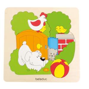 Beleduc Puzzle stratificat Descoperă grădina, un puzzle din lemn pentru copii cu un câine, o pisică, o găină și pui într-o grădină - Puzzle