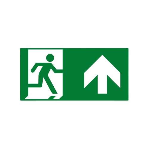 Vészkijárat jelzés futó emberrel és felfelé mutató nyíllal, zöld háttérrel