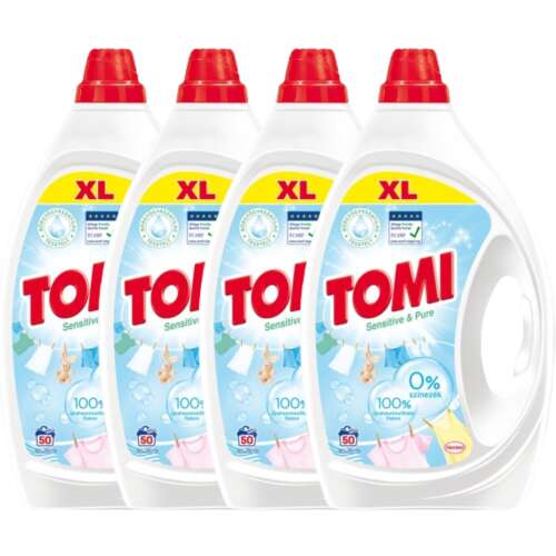 4 db Tomi Sensitive & Pure folyékony mosószer, 2,25L, XL, 0% színezék, hipoallergén, bőrgyógyászatilag tesztelt, ECARF tanúsítvánnyal rendelkezik