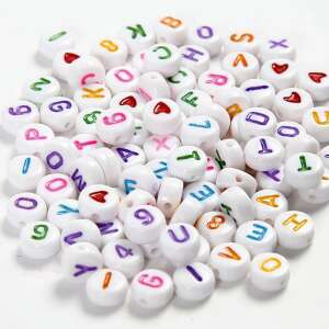 Betű gyöngyök, fehér, kerek, színes betűk és számok, 200 db/csomag 93482002 
