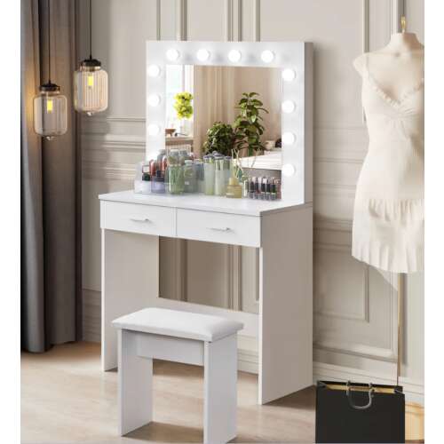 Pepita Holly vanity table with mirror and stool, white, with drawers, makeup and accessories