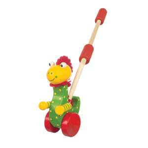 Orange Tree Toys Dinosaur Push Along wooden toy, green and yellow dinosaur with red wheels, push handle - Orange Tree Toys