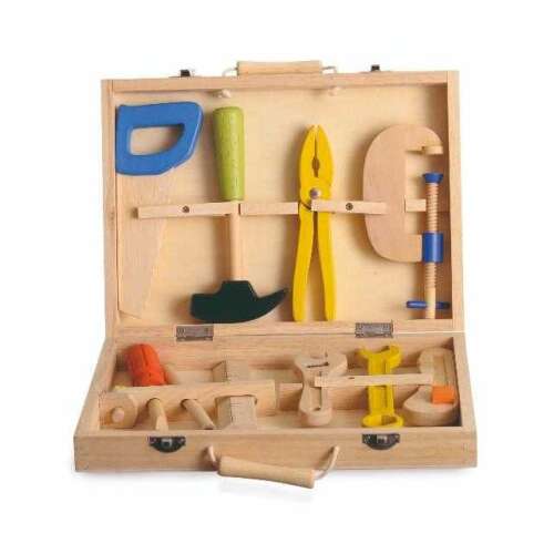 Egmont Toys wooden toy tool set, pretend play tools for kids, includes hammer, saw, wrench, pliers, screwdriver, and more