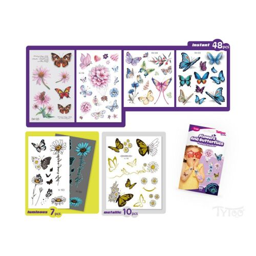 TyToo Kvety a motýle dočasné tetovacie nálepky, 65 kusov