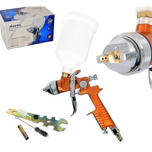 Auarita H-827 HVLP spray gun with 2.5mm nozzle, professional quality, for painting surfaces, comes with a 600ml container, cleaning brush, keys, filter, and packaging