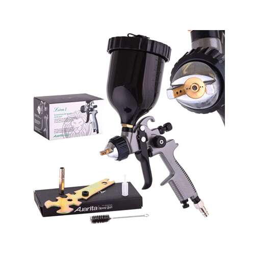 Auarita LVMP LION 1 1.7mm professional spray gun with 600ml cup, air plug, filter brush, and wrench
