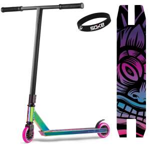 Soke Evo Performance stunt scooter, black and neochrome, with a pink wheel, a black handlebar, and a colorful deck - Scootering