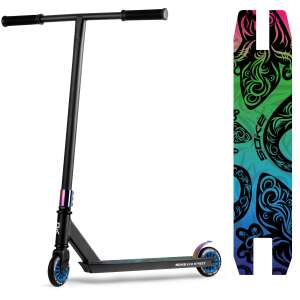 Soke Evo Street Performance Scooter, black with rainbow deck, black handlebars, blue wheels - Scootering