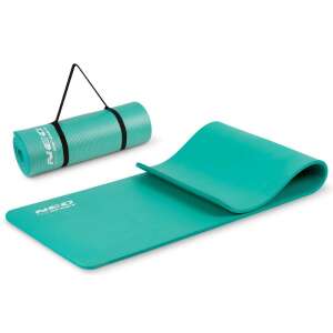 Neo-Sport exercise mat, turquoise, rolled up with strap and unrolled - Yoga Mat & Exercise Mat