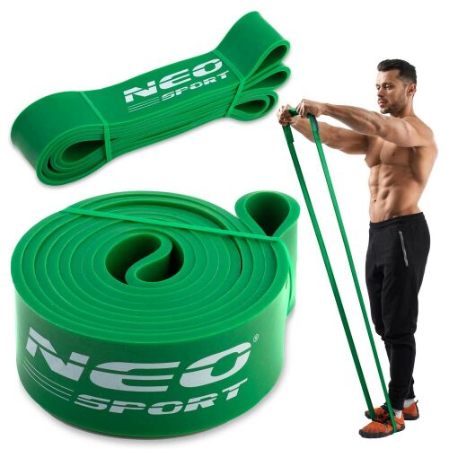 Collage of Neo-Sport green resistance band and man exercising
