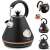Berdsen electric kettle with thermometer, black with rose gold accents, showing different angles and usage examples