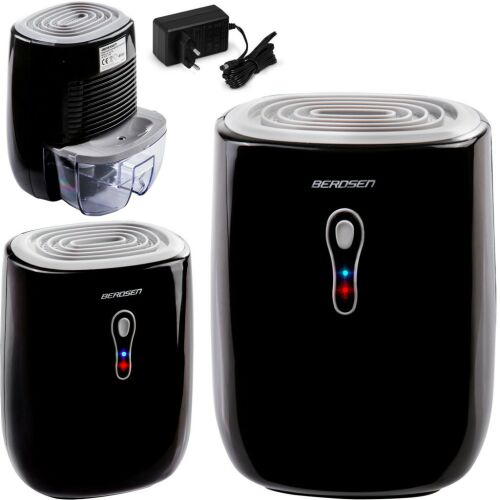 Berdsen 0.5L dehumidifier collage showing water tank and power adapter