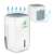 Berosen BR-20A dehumidifier, white, front view, air flow arrows, water droplets, close-up of air vent