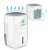 Berosen BR-20A dehumidifier, white, front view, air flow arrows, water droplets, close-up of air vent