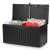 Black garden storage box with lid open, filled with pillows and blankets