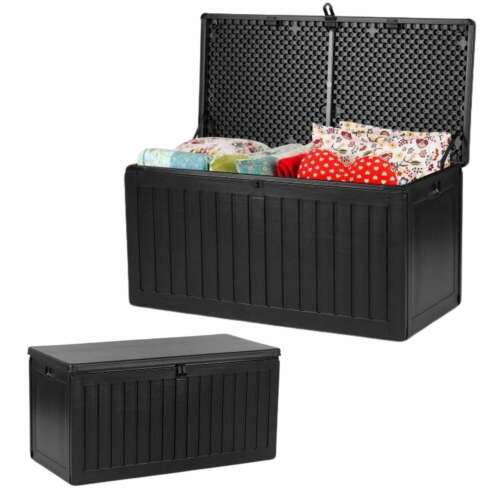Black garden storage box with lid open, showing pillows inside