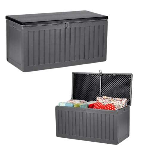 Grey plastic storage box with lid open, showing pillows inside, 270 liters, 109x51x55cm