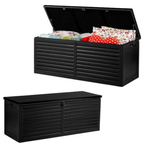 Black garden storage box with lid open, showing pillows inside