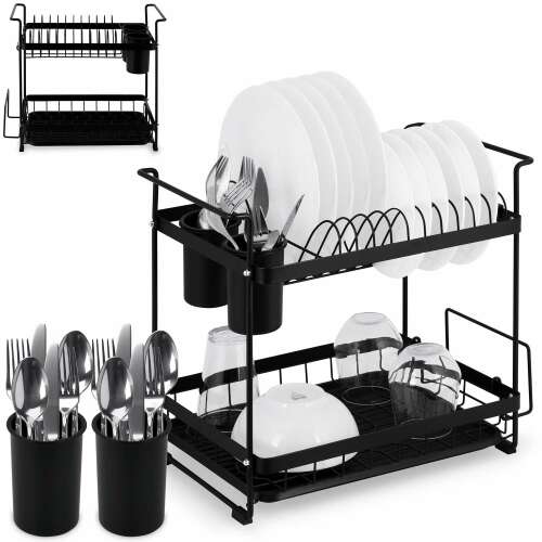 Two-tier black dish drying rack with cutlery holders, Massido MS-602