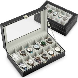 Massido MS-710 black and beige 12-slot watch box with glass lid, open view - Watch Winder & Watch Box