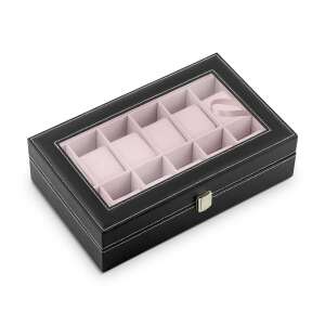 Black leather watch box with glass top, 12 slots for watches, Massido MS-710 - Watch Winder & Watch Box