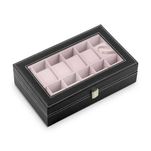 Black leather watch box with glass top, 12 slots for watches, Massido MS-710