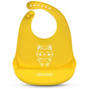 Yellow silicone baby bib with cat design, Ricokids brand - Ricokids