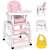 Ricokids Sinco 5-in-1 pink high chair with table, front view, showing all features