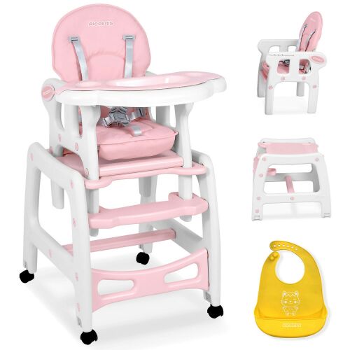Ricokids Sinco 5-in-1 pink high chair with table, multiple configurations, and bib