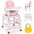 Ricokids Sinco 5-in-1 Pink High Chair with Table and Bib, Convertible Baby Feeding Chair