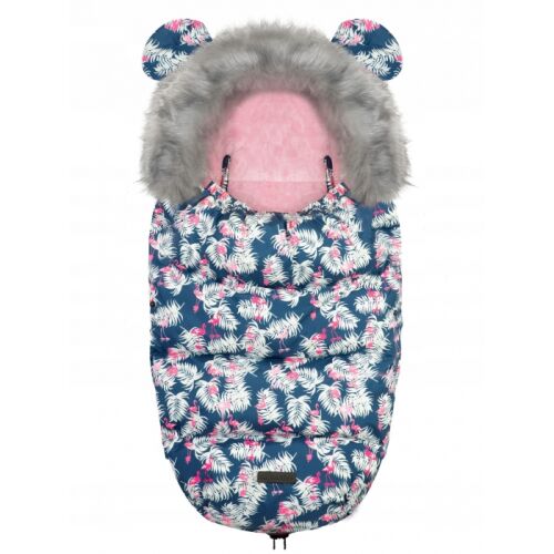 Ricokids Elmi blue and pink flamingo print stroller footmuff with fur hood